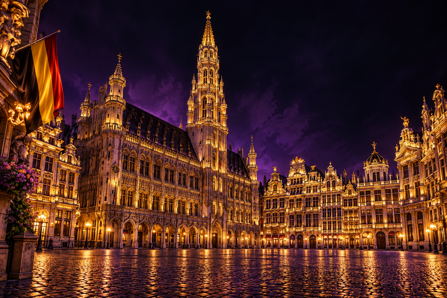 De Grote Markt in Brussel met de Belgische vlag, in paarse en gouden belichting