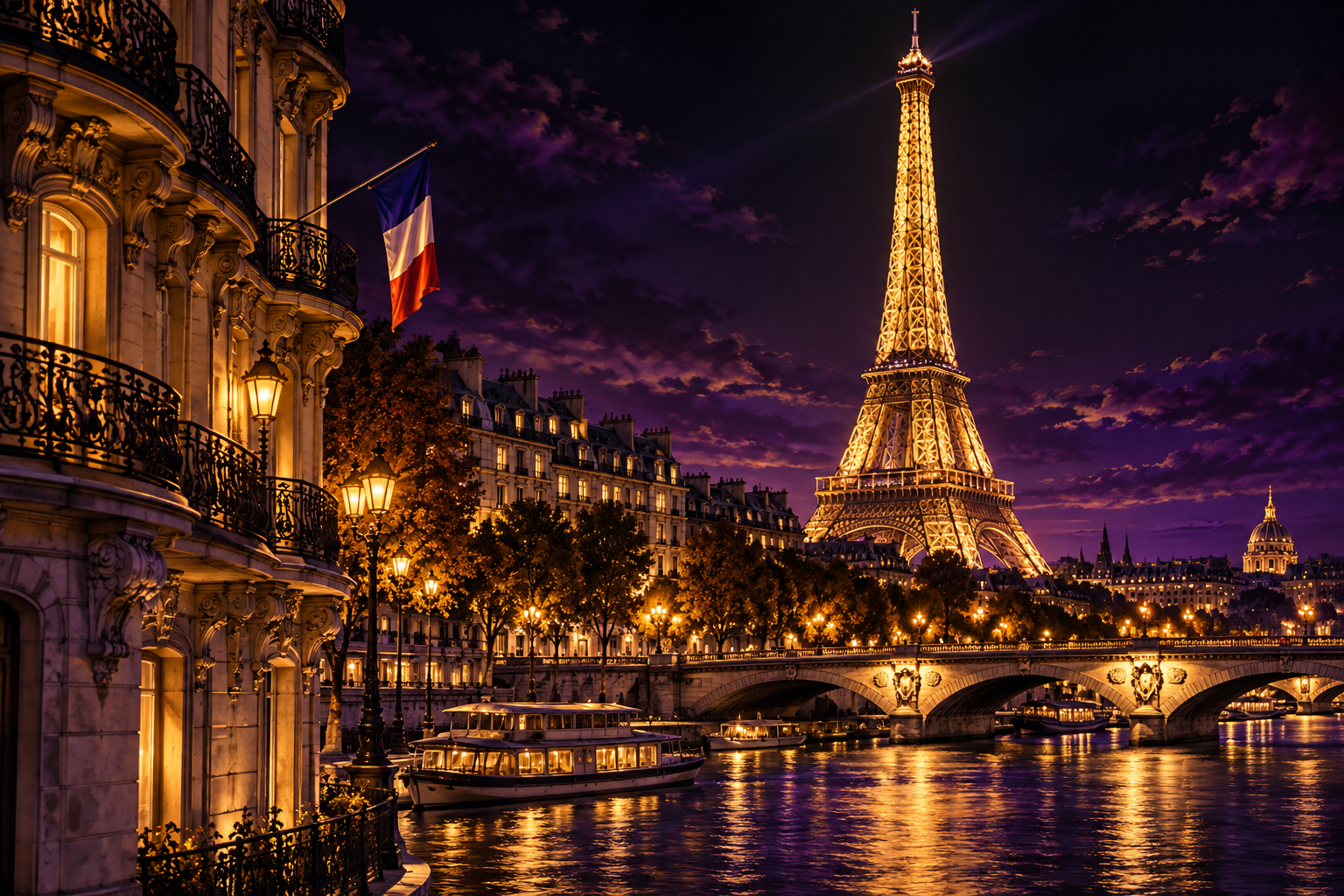 De Eiffeltoren en Parijs met de Franse vlag, in paarse en gouden belichting