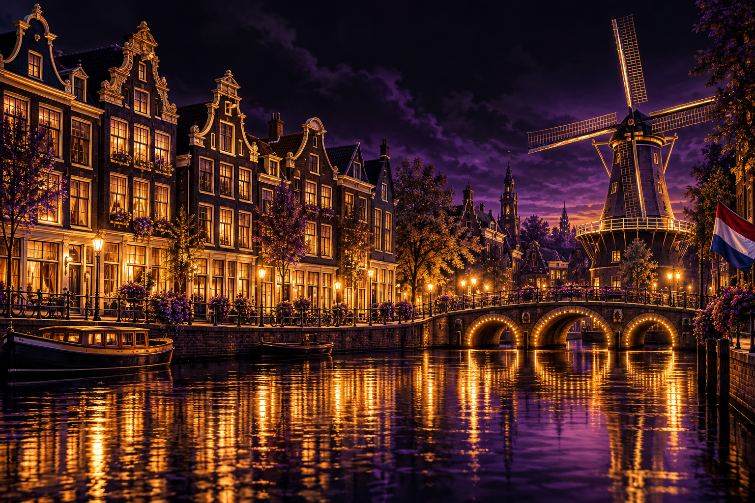 Amsterdamse grachtenpanden en een molen met de Nederlandse vlag