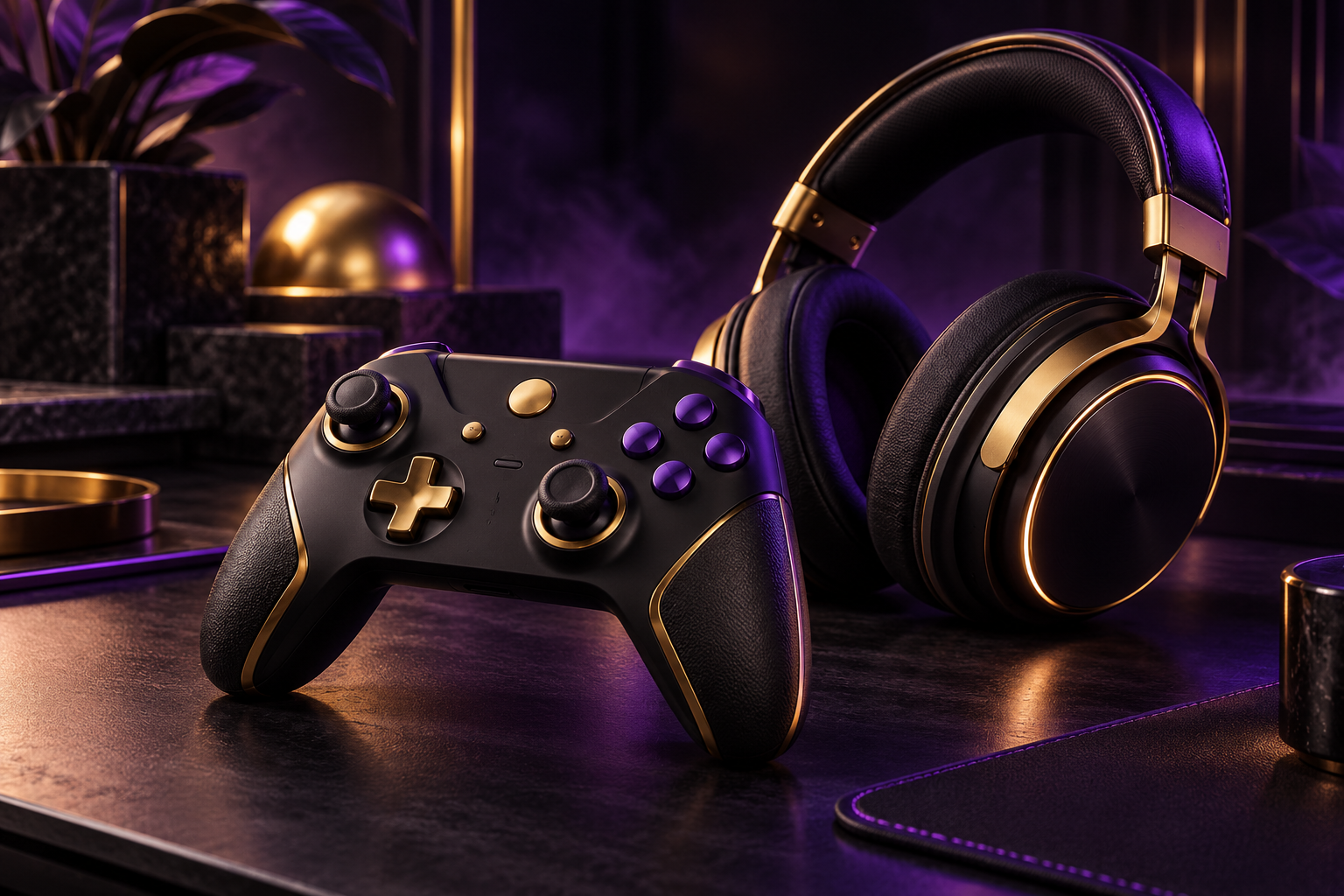 Zwart-gouden gamecontroller en headset