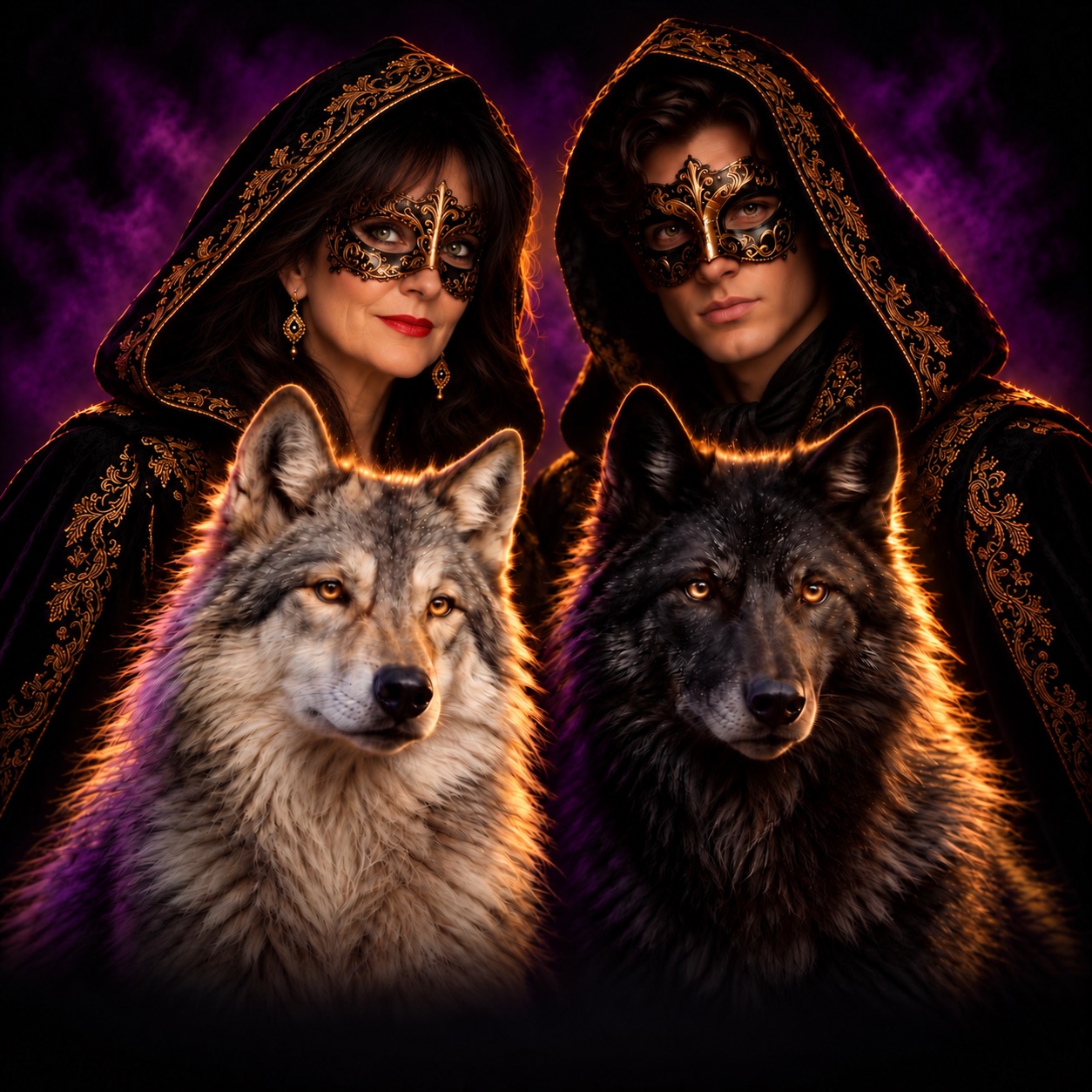 Een oudere vrouw met zwart haar en een jonge man met elegante maskers, samen met een zilverwitte en een zwarte wolf