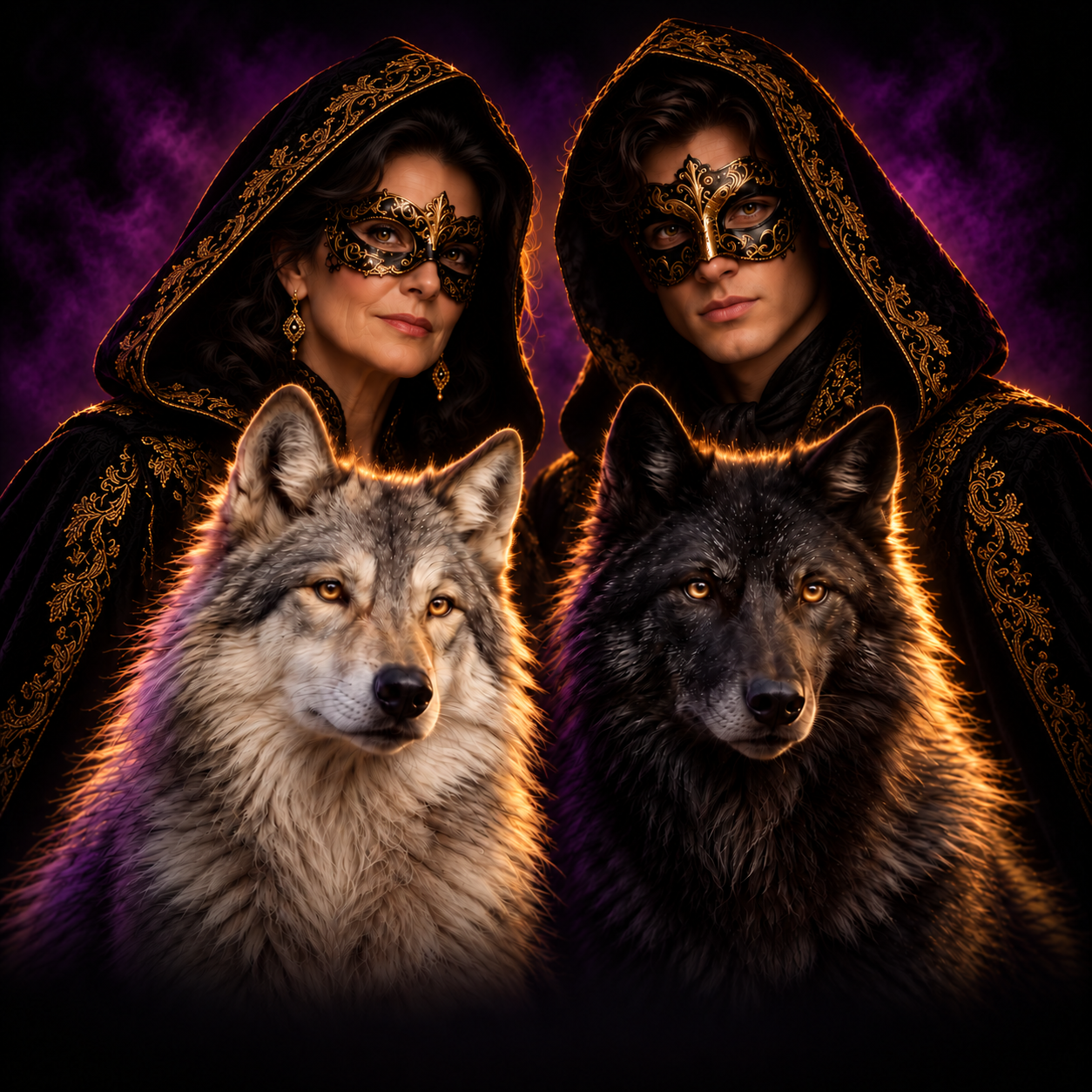Een oudere vrouw met zwart haar en een jonge man met elegante maskers, samen met een zilverwitte en een zwarte wolf