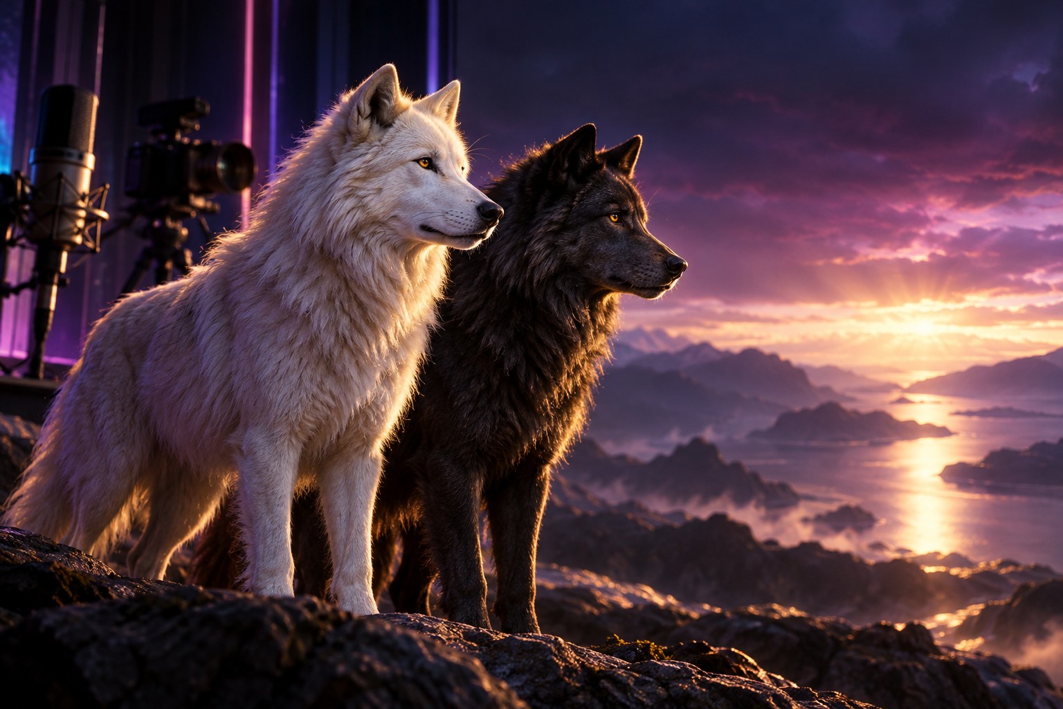 Een witte en zwarte wolf samen in een creatorstudio met paarse, blauwe en gouden belichting