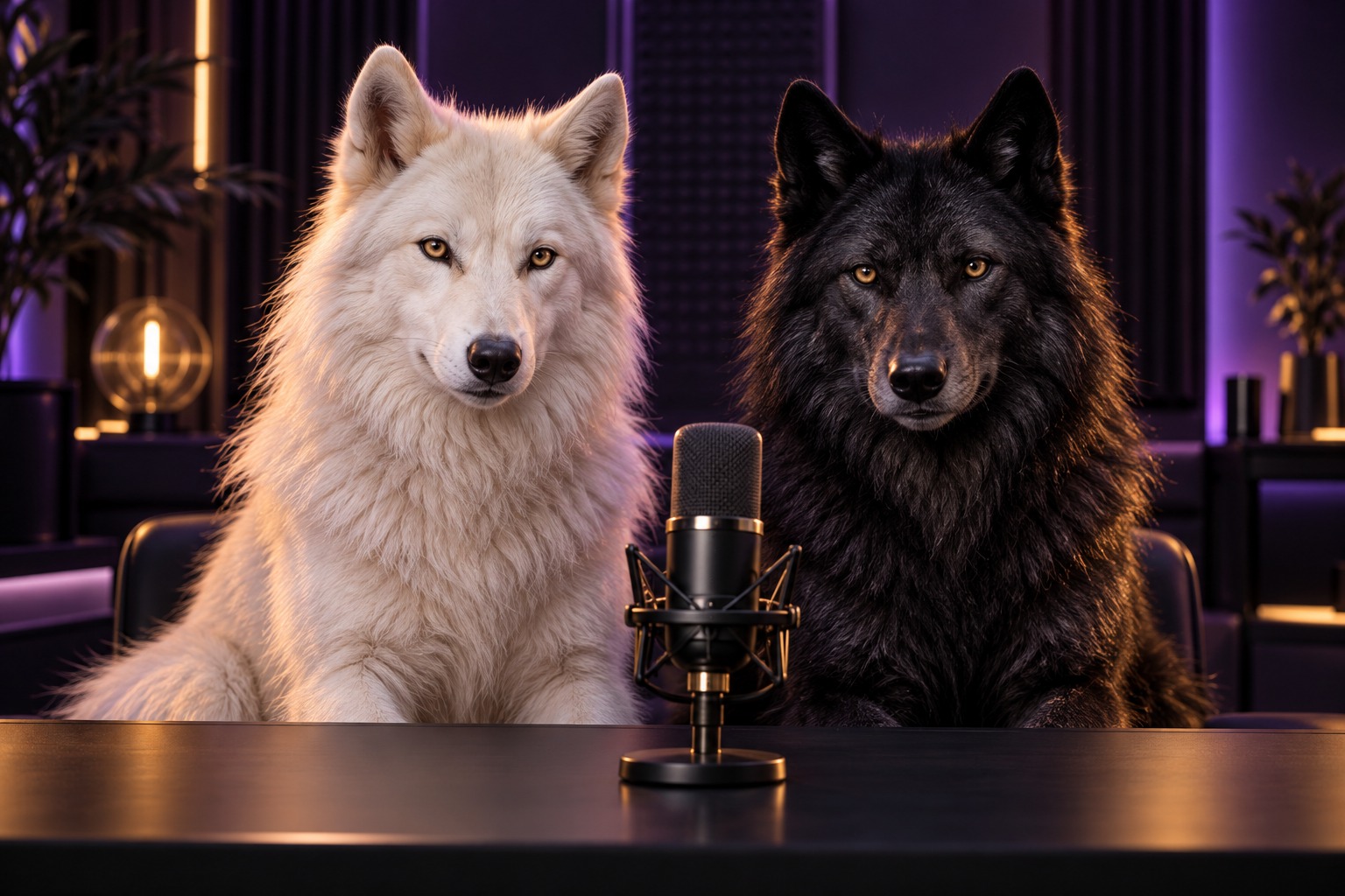 Een witte en zwarte wolf samen bij een professionele microfoon in een paars en goud verlichte creatorstudio