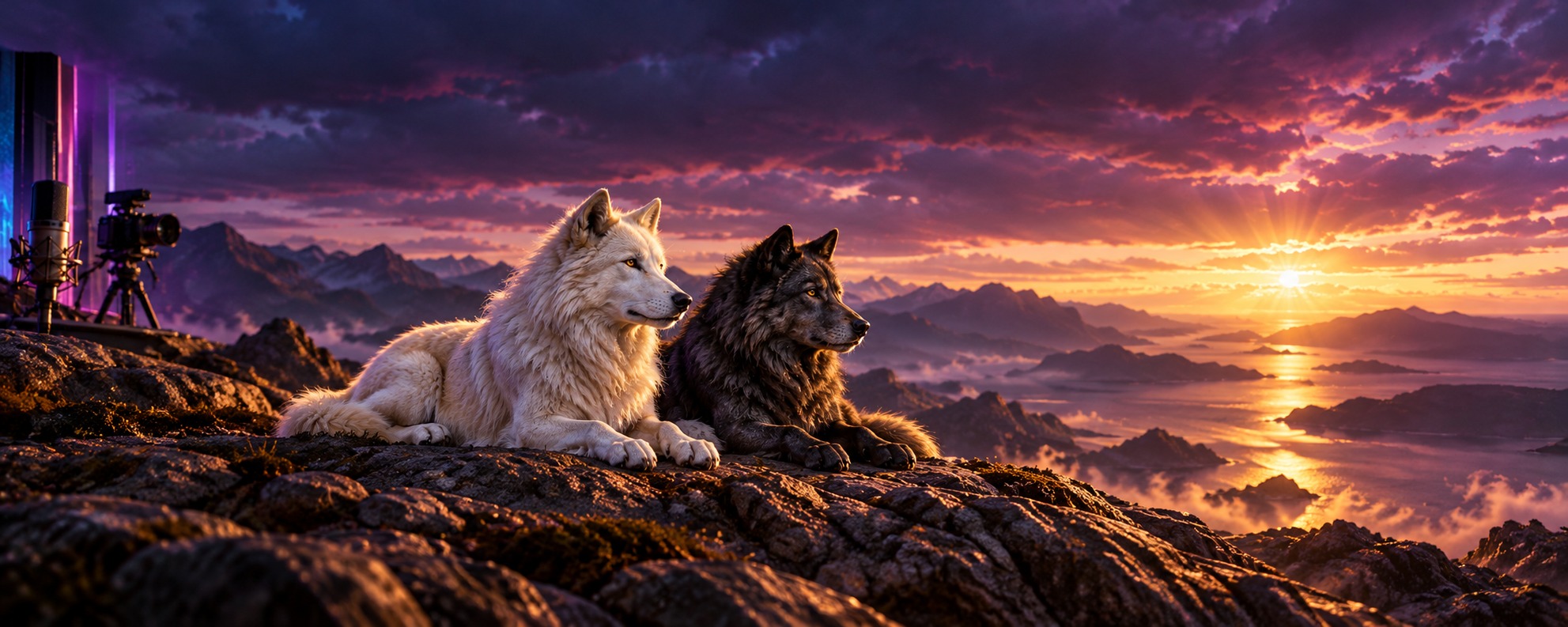 Een witte en zwarte wolf liggend naast elkaar bij een paarse en gouden zonsondergang