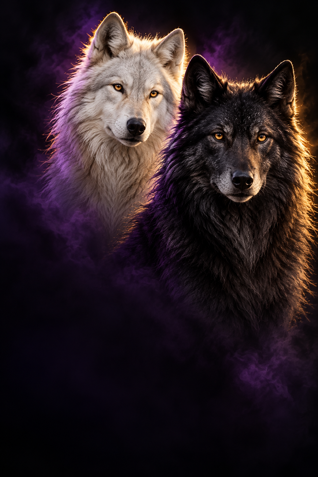 Een witte en zwarte wolf in een nieuw portret met paarse en gouden belichting