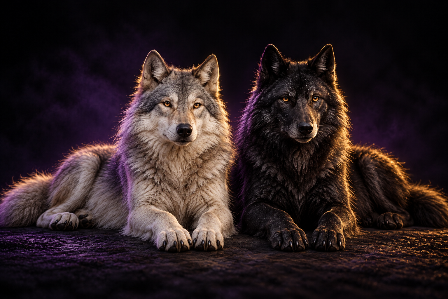 Een witte en zwarte wolf liggend naast elkaar, met paarse en gouden belichting